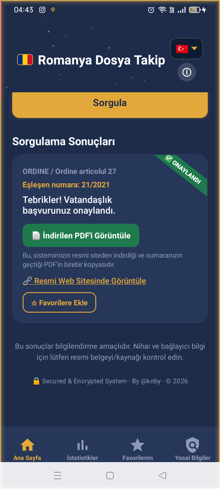Onaylanmış başvuru sonucu